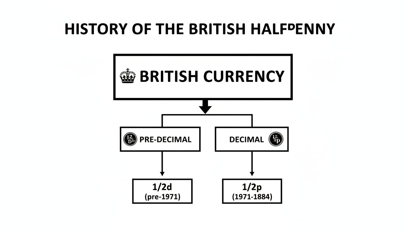 Flowchart detailing the history of the British halfpenny currency, showing pre-decimal and decimal periods.