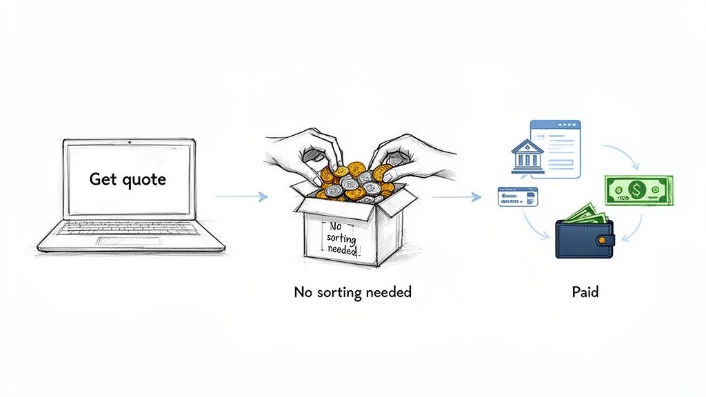 A workflow diagram illustrates getting a quote, collecting unsorted coins, and various payment methods.