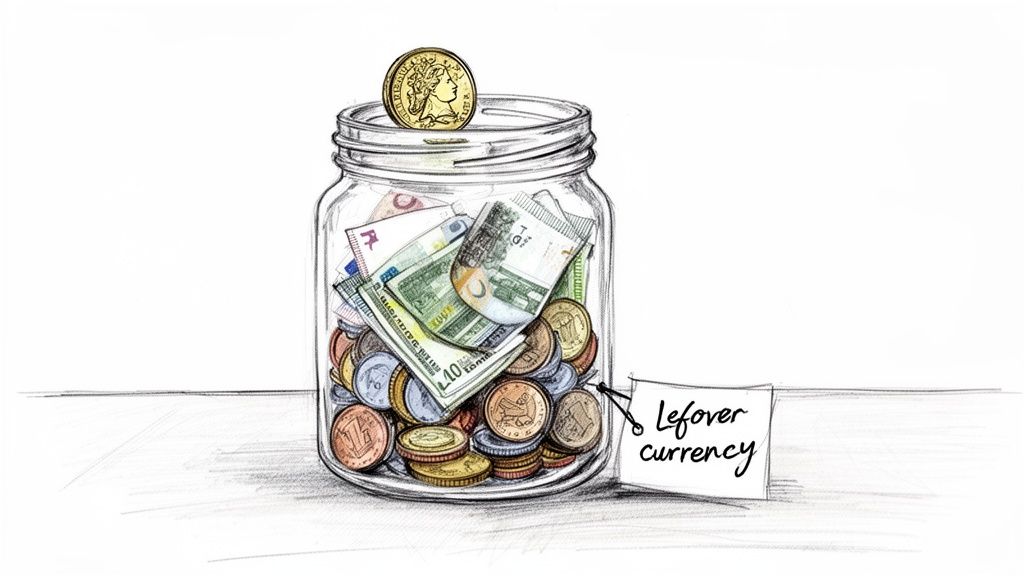 A sketch of a glass jar filled with assorted international banknotes and coins, labeled 'Leftover currency'.
