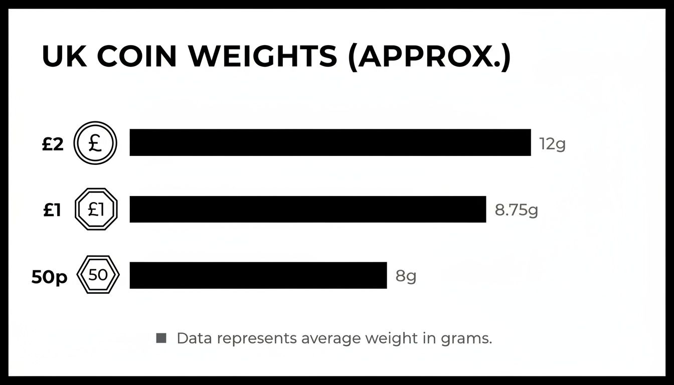 A bar chart illustrating the approximate weights of UK coins: £2, £1, and 50p in grams.