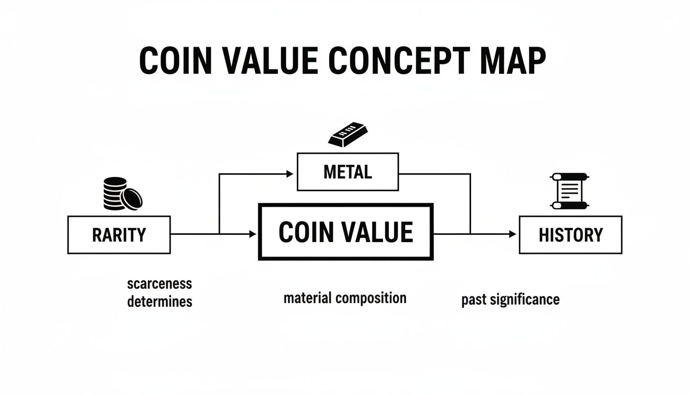 Diagram illustrating the factors affecting coin value, including rarity, metal composition, and historical significance.