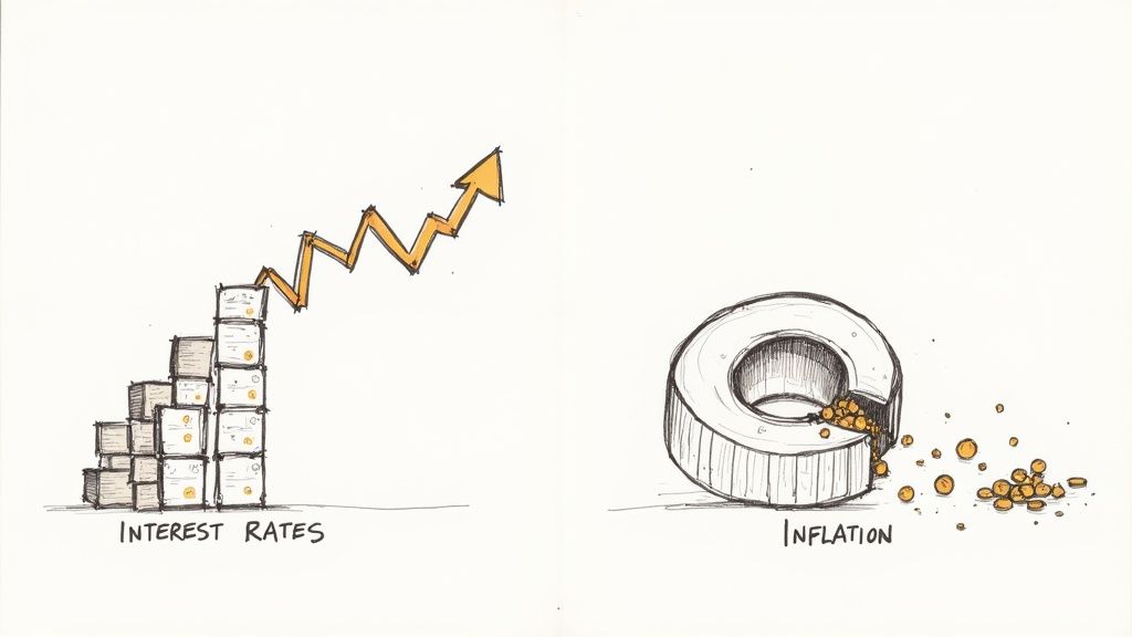 Hand-drawn illustration depicting rising interest rates as a growth chart and inflation as eroding money.