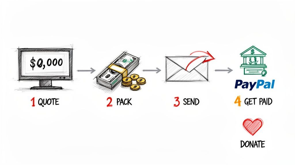 A hand-drawn infographic illustrating four steps: quote, pack, send, and get paid via PayPal, with a donate option.