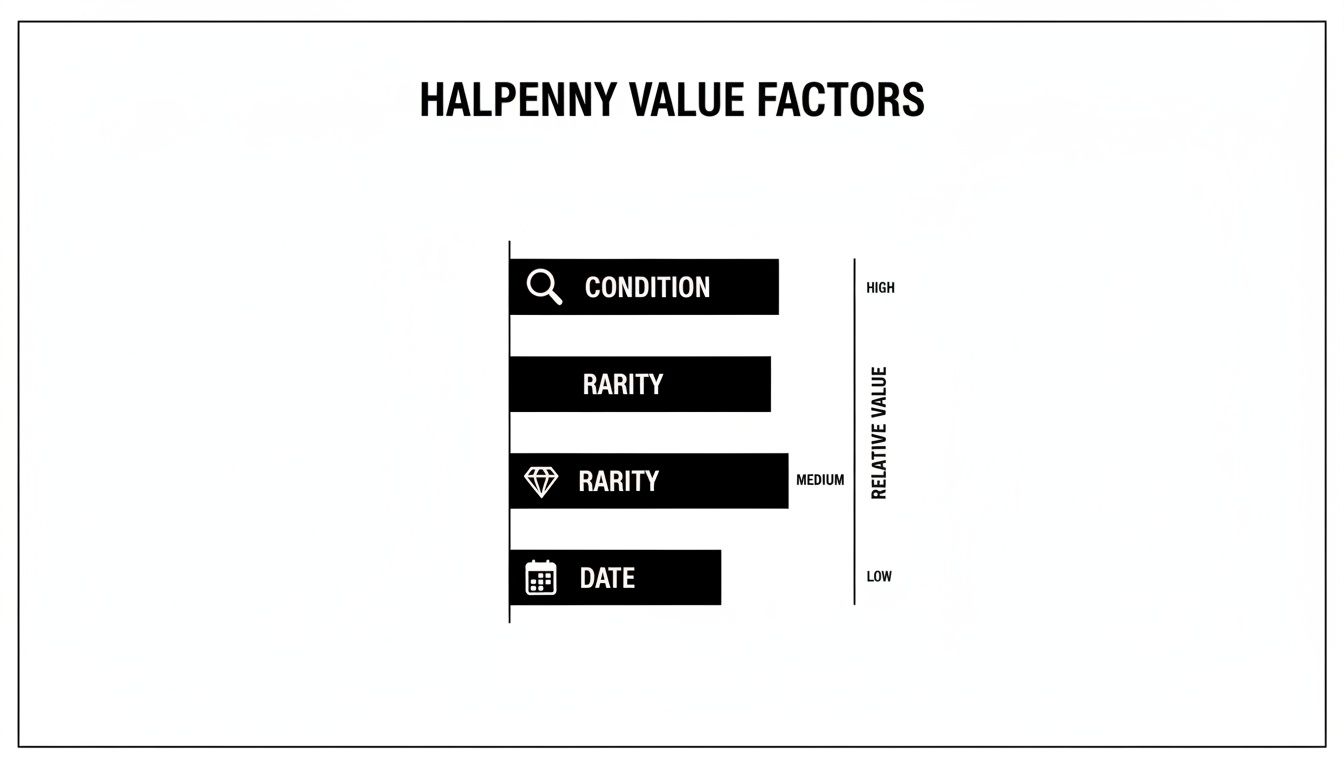 Bar chart illustrating Halpenny value factors: condition, rarity, and date, categorized by relative value.