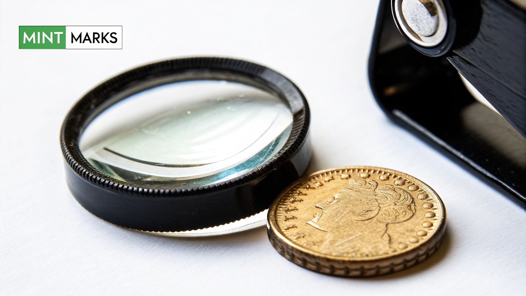 A magnifying glass held over an old silver coin, focusing on the date and mint mark.