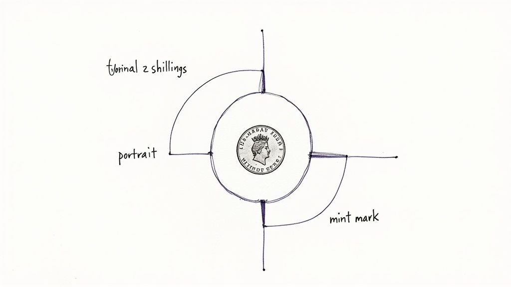 A close-up of a two shillings coin, highlighting its intricate details.