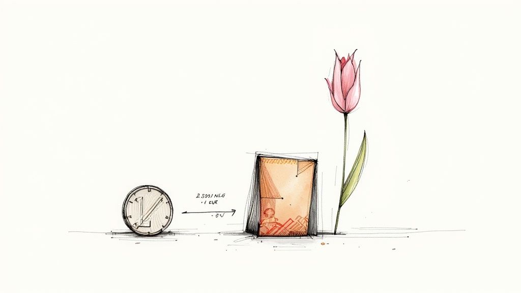 Watercolor illustration depicting the conversion of Dutch Guilders to Euros, with a coin, exchange rate text, and a pink tulip.