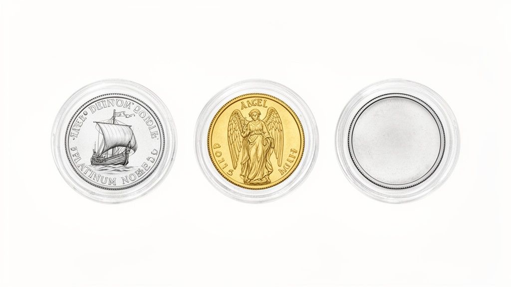 Three coin capsules: silver coin with ship, gold coin with angel, and one empty capsule.