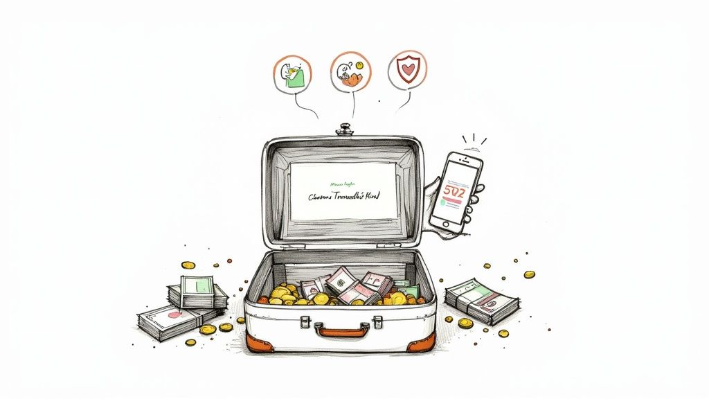 Open suitcase filled with cash, coins, and cards showing currency exchange options