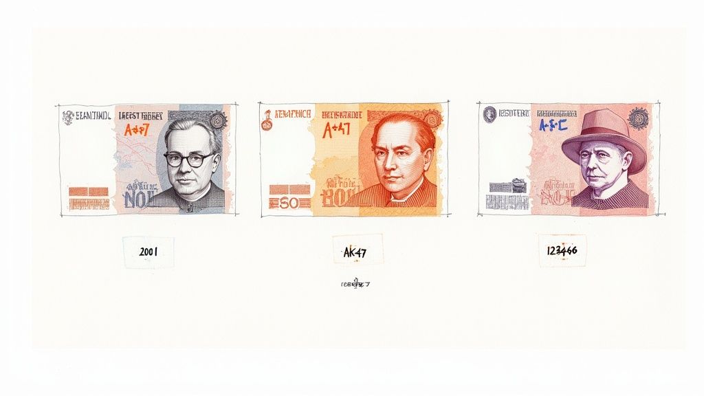 A close-up of a five pound note with a magnifying glass hovering over the serial number.