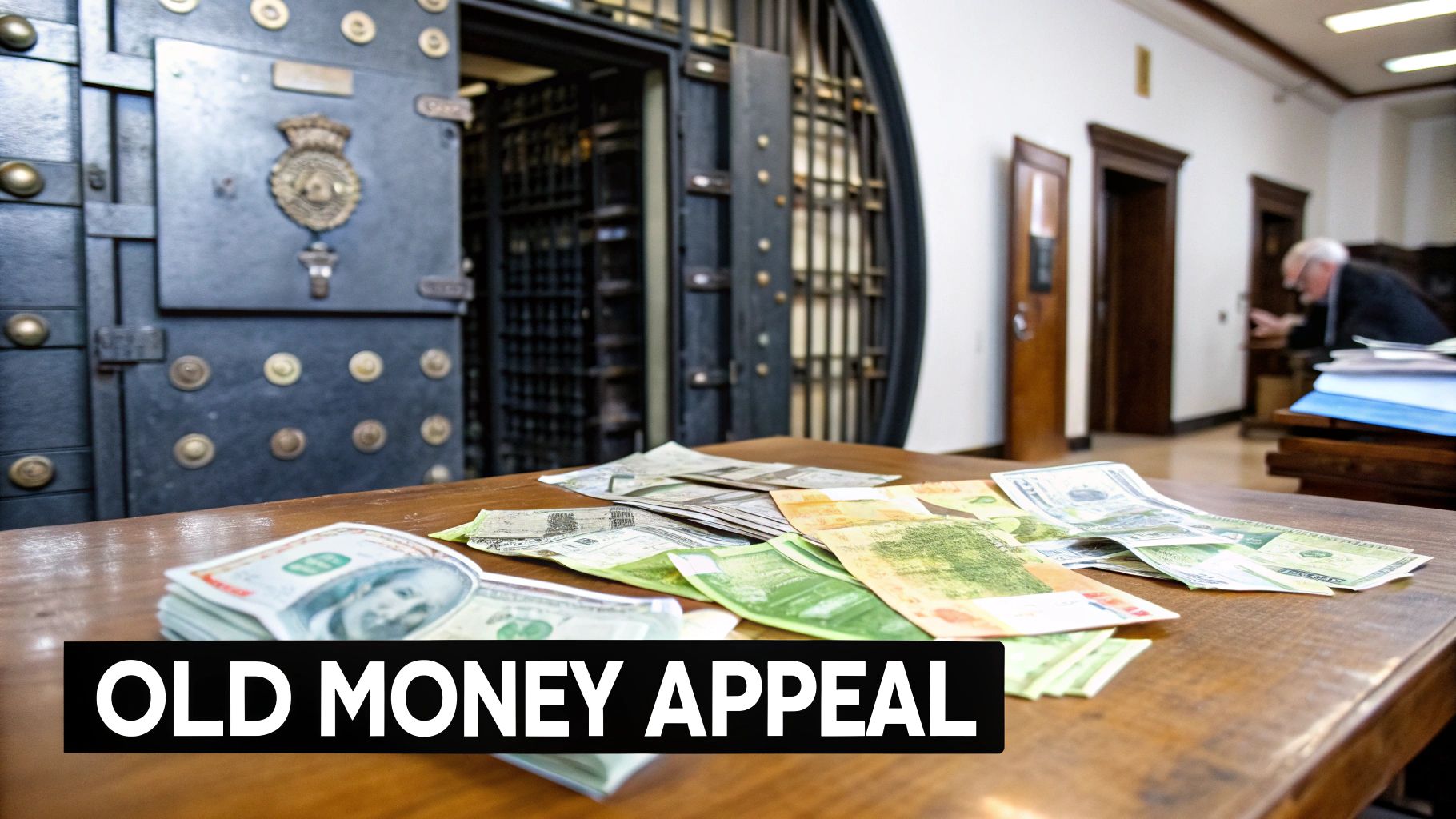 Assortment of old banknotes spread out on a table
