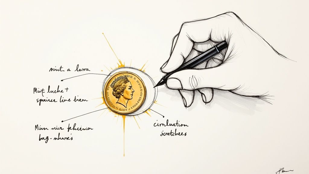 Person examining a coin with a magnifying glass