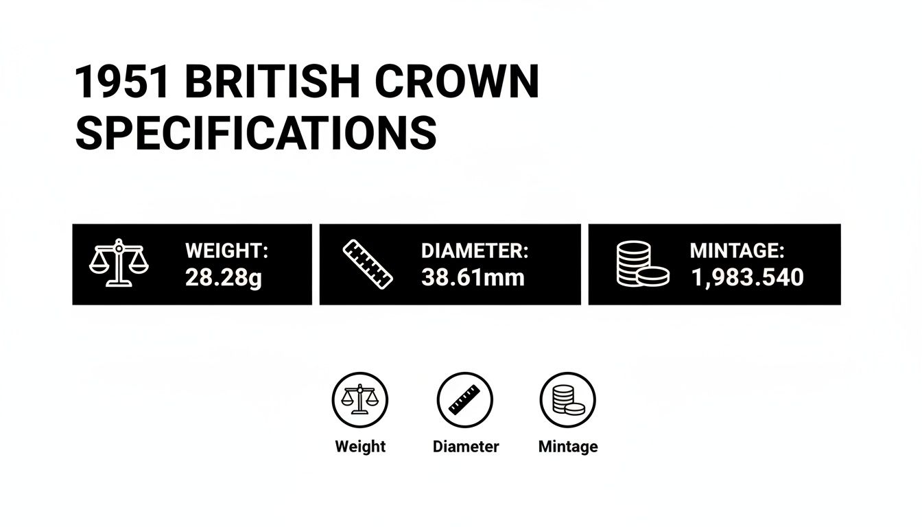 Specifications for the 1951 British Crown coin, detailing its weight, diameter, and mintage.