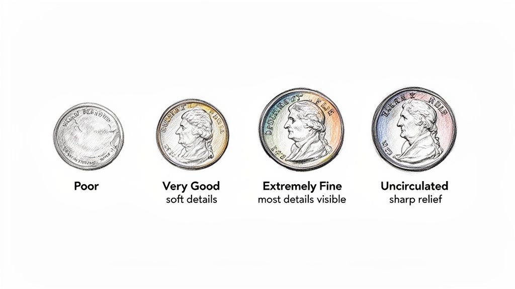 Four illustrated coins demonstrating various condition grades: Poor, Very Good, Extremely Fine, and Uncirculated.