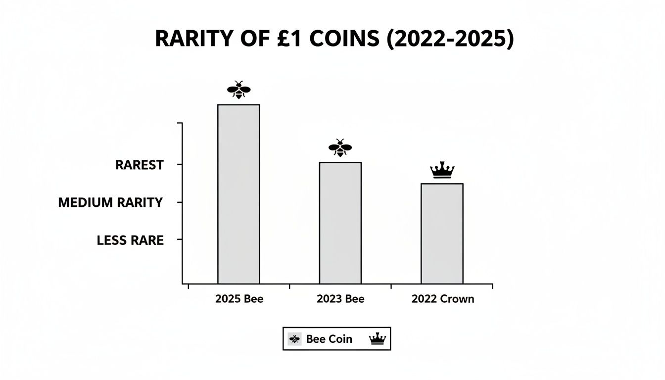 Bar chart showing the rarity of one pound coins from 2022-2025, with the 2025 Bee coin being the rarest.