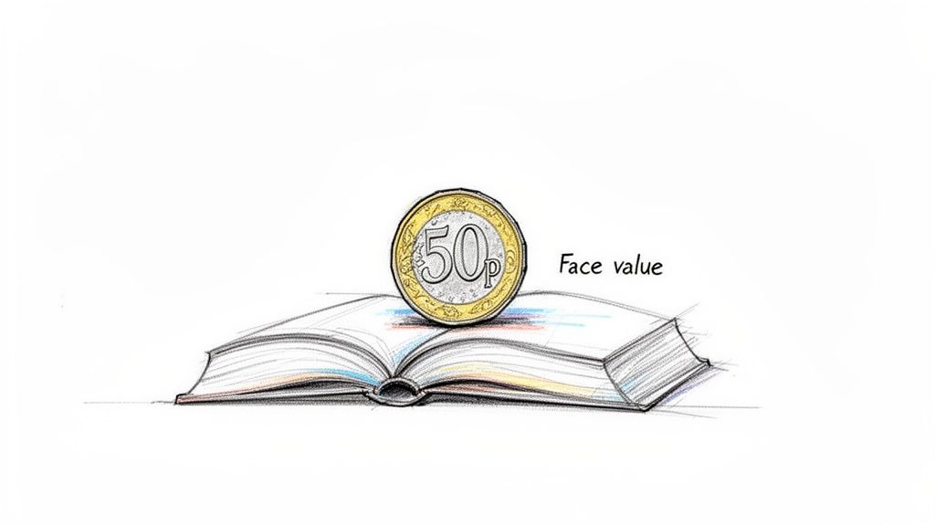 An illustration of a 50p coin standing on an open book next to the handwritten text 'Face value'.