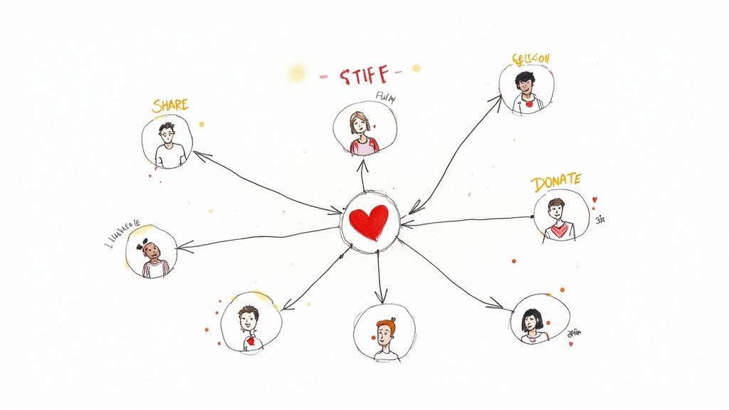 Diagram showing a central red heart connected to diverse people with actions like share, sell, and donate.