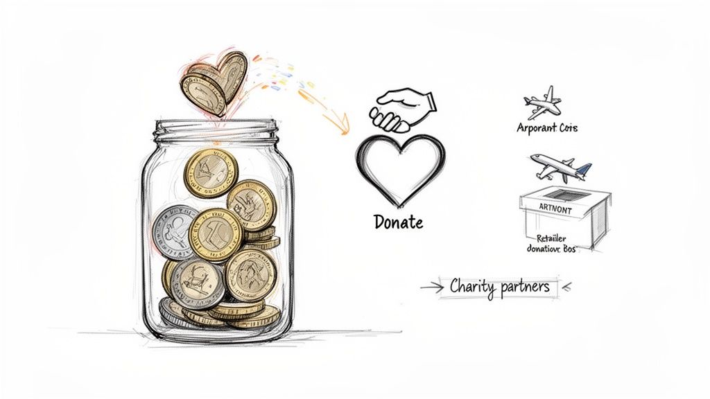 Illustration showing coins in a jar, an arrow pointing to a hand donating to a heart, and charity partners.