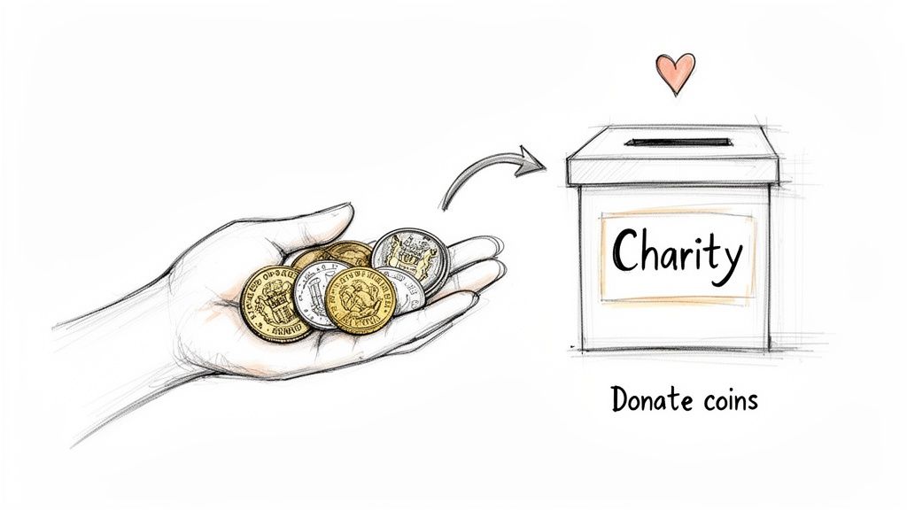 A hand holding several coins is donating them into a charity box with a heart, depicting giving.