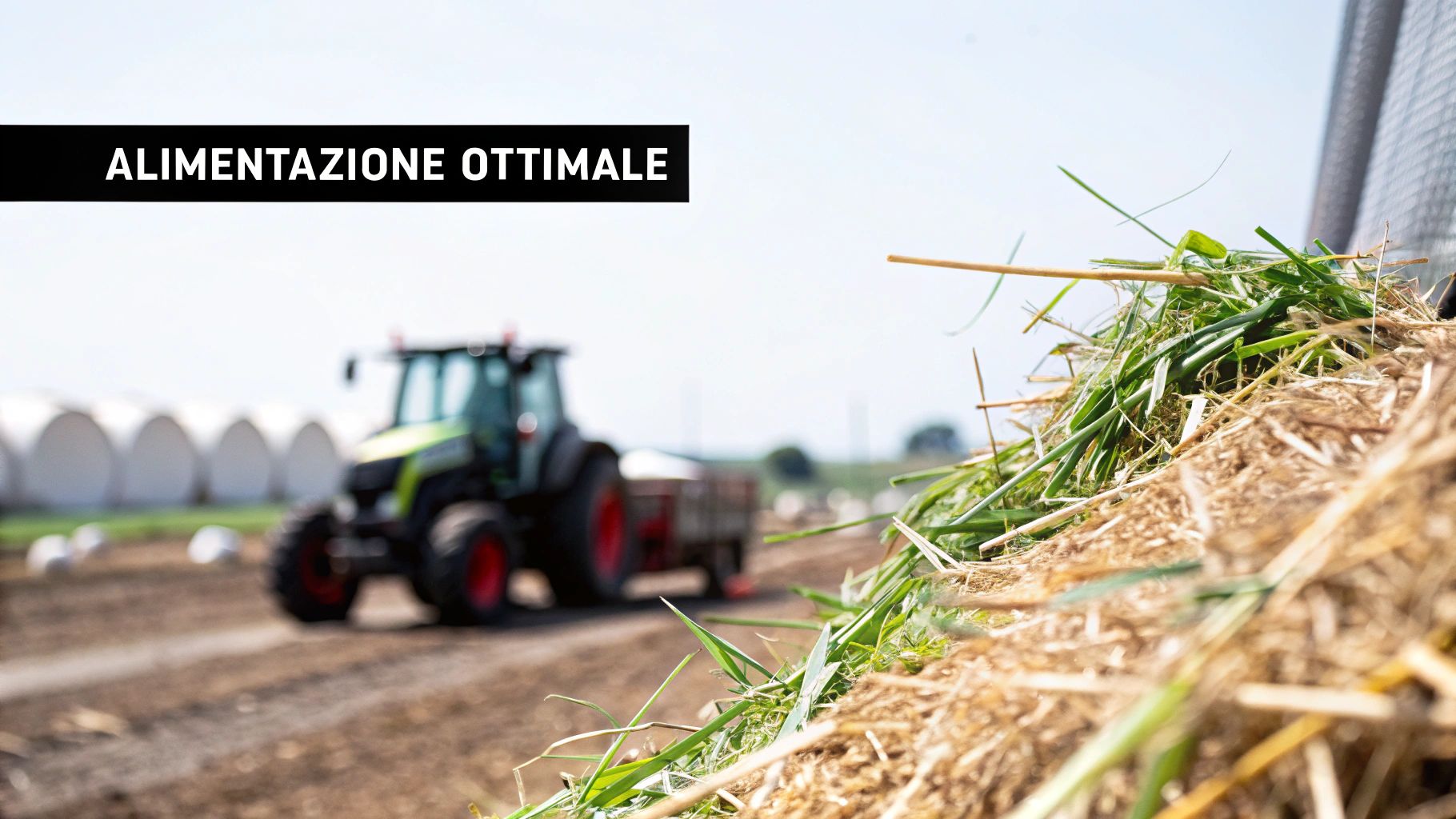Primo piano di fieno ed erba fresca con la scritta 'Alimentazione Ottimale', e un trattore in campo agricolo sullo sfondo.
