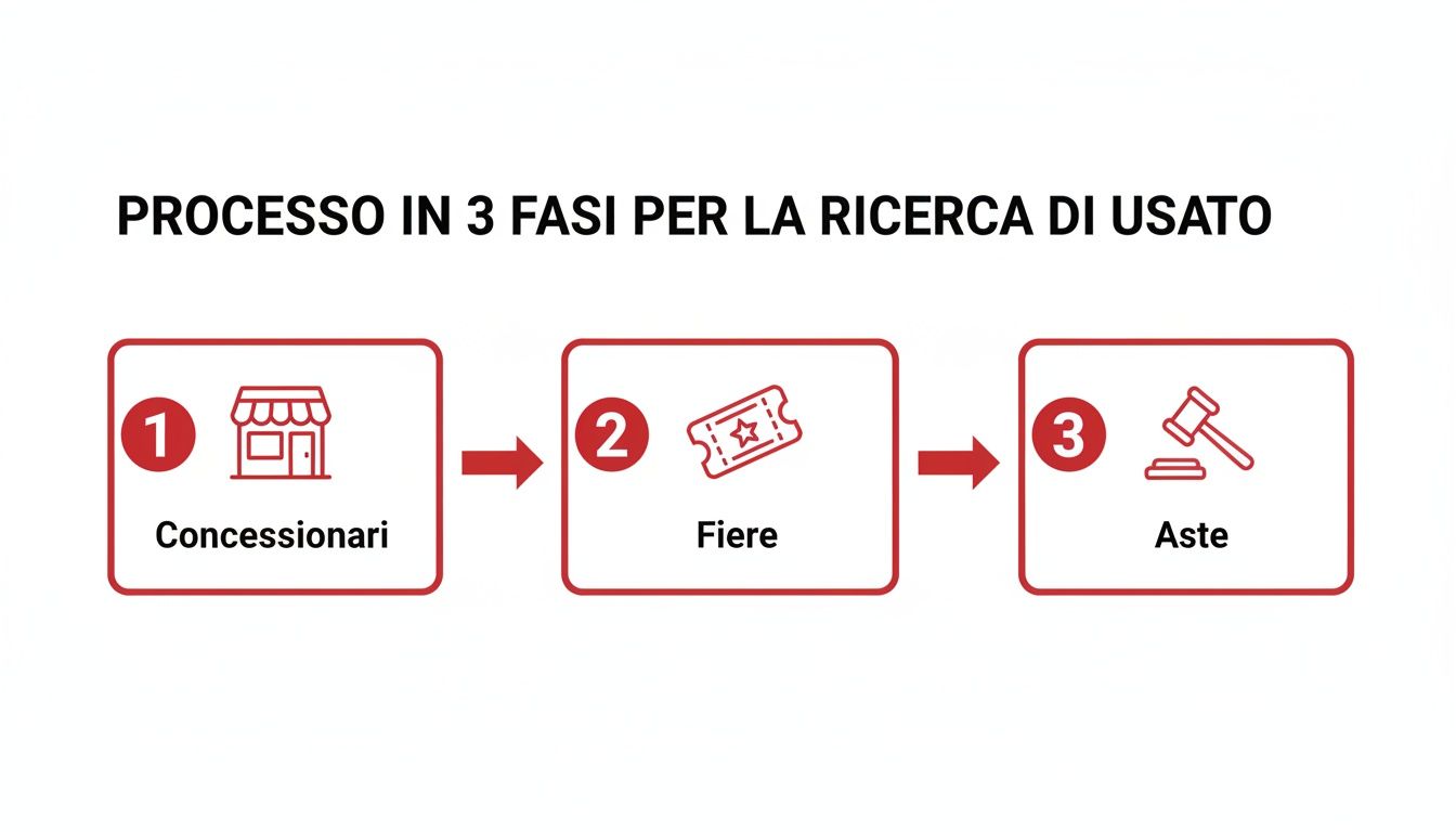 Schema di processo in 3 fasi per la ricerca di beni usati: concessionari, fiere e aste.