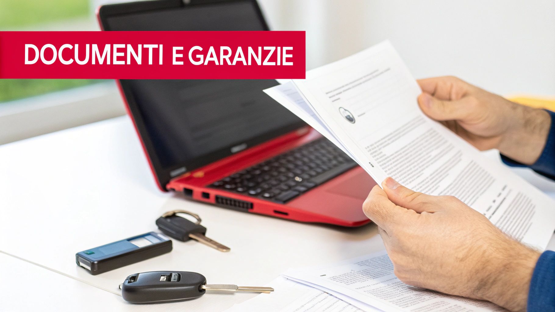 Una persona legge documenti su una scrivania con laptop rosso e chiavi dell'auto, banner "DOCUMENTI E GARANZIE".