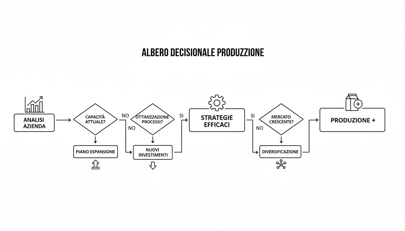 Diagramma di flusso che illustra l'albero decisionale per aumentare la produzione aziendale, dall'analisi iniziale alla diversificazione.