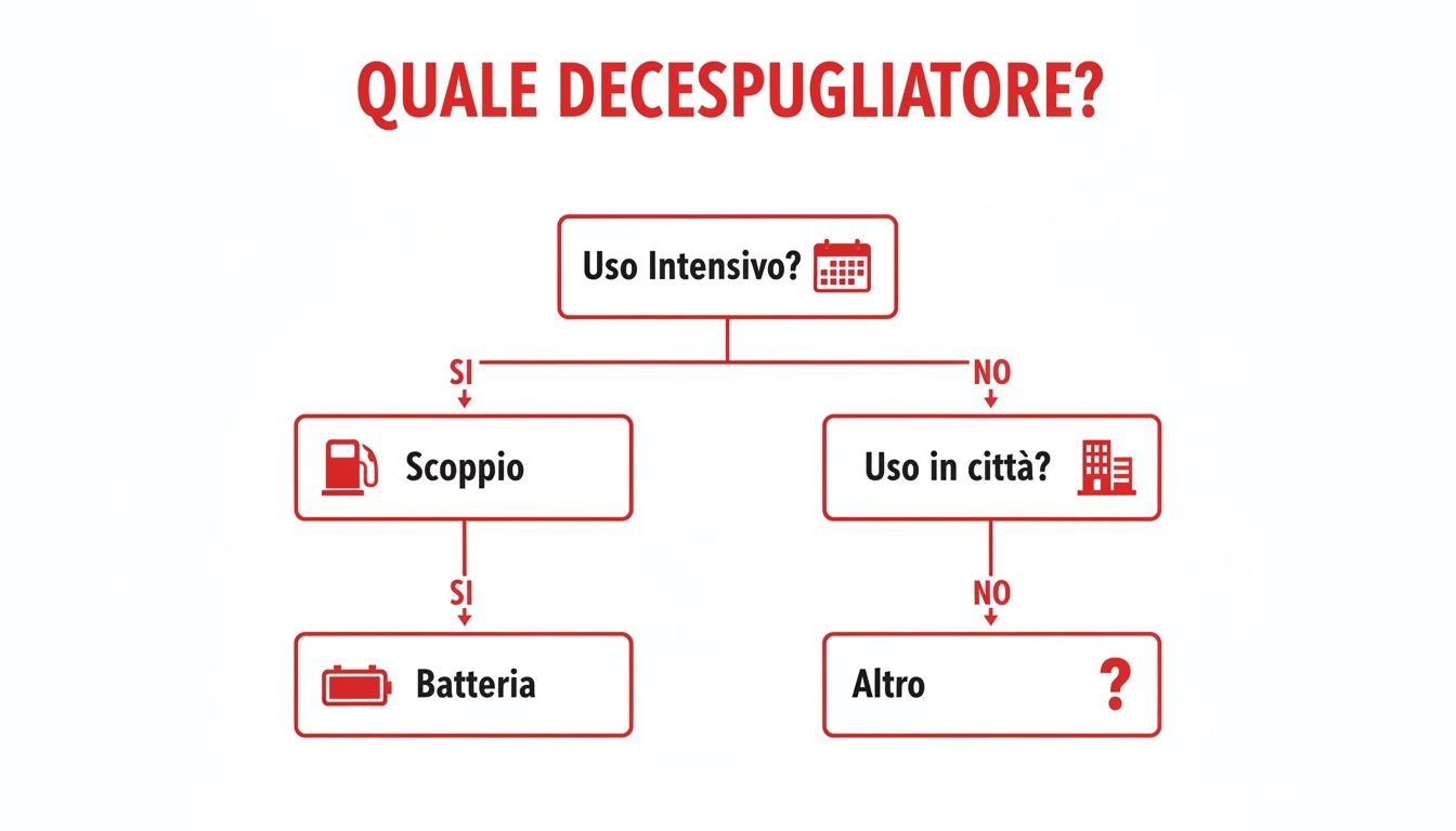 Diagramma di flusso per scegliere un decespugliatore, basato su uso intensivo e uso in città, suggerendo modelli a scoppio, a batteria o altro.