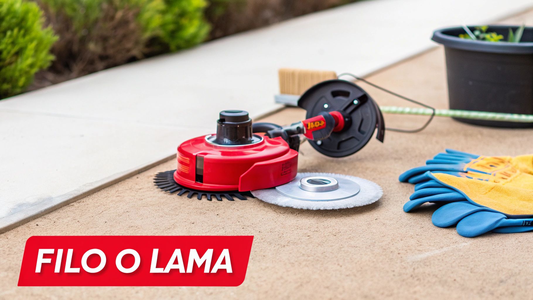 Primo piano di accessori per decespugliatore: testina a filo rossa, lama, spazzola e guanti da lavoro su sabbia.