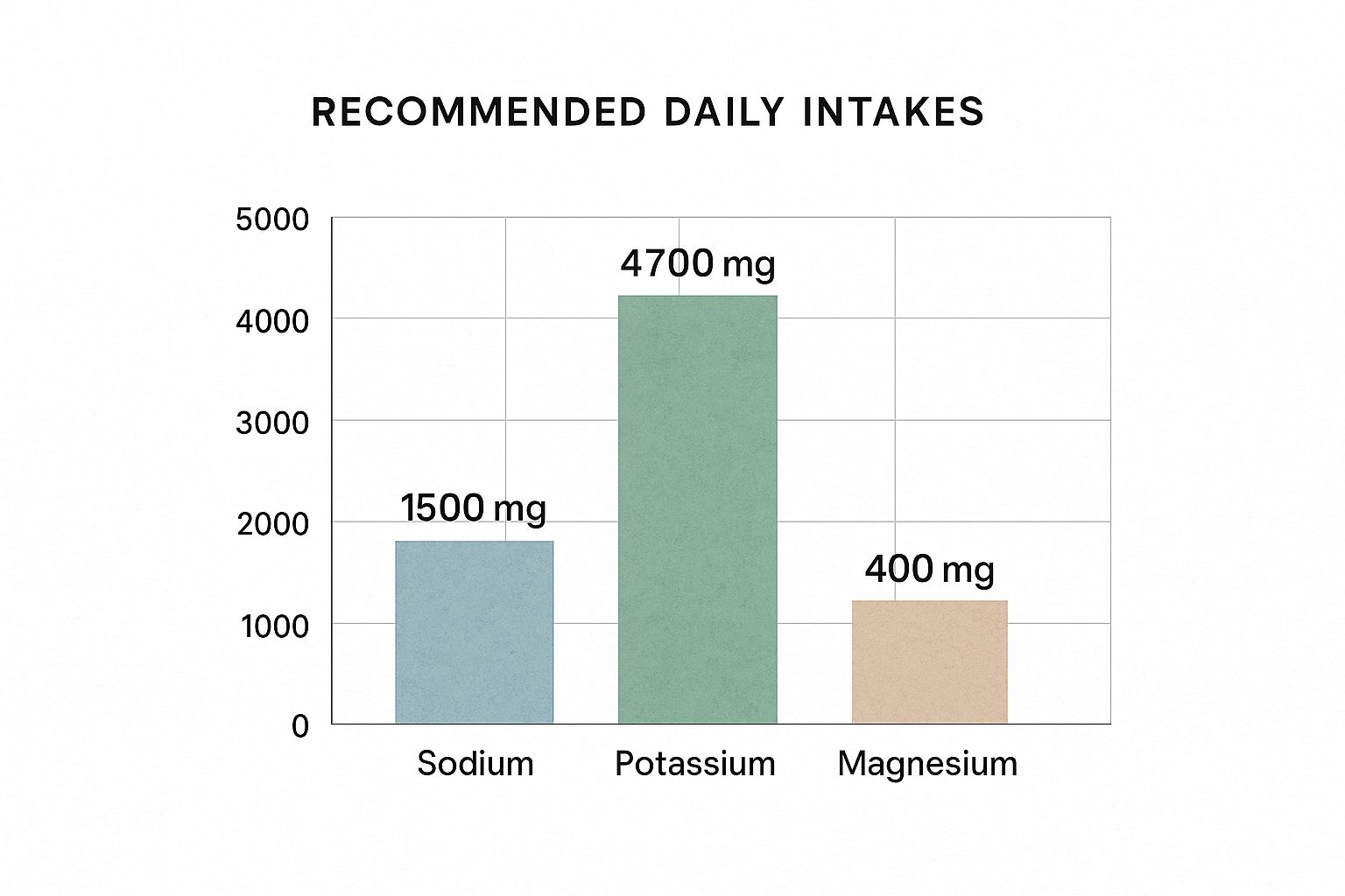 An infographic data chart showing the recommended daily intake for Sodium (1500 mg), Potassium (4700 mg), and Magnesium (400 mg).