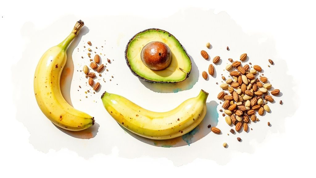 A colourful flat lay of various anti-cramp foods like avocados, leafy greens, nuts, and seeds.