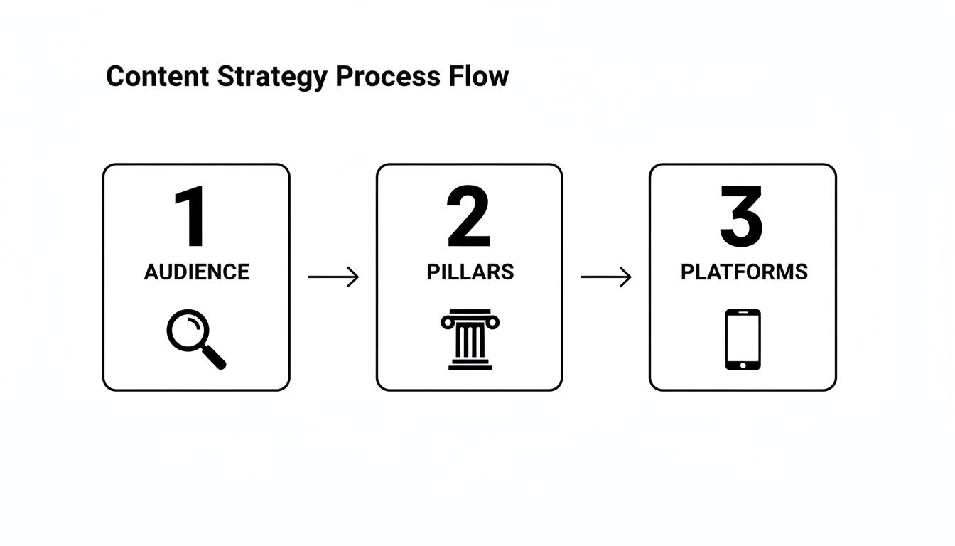 A three-step content strategy process flow: Audience, Pillars, and Platforms with corresponding icons.