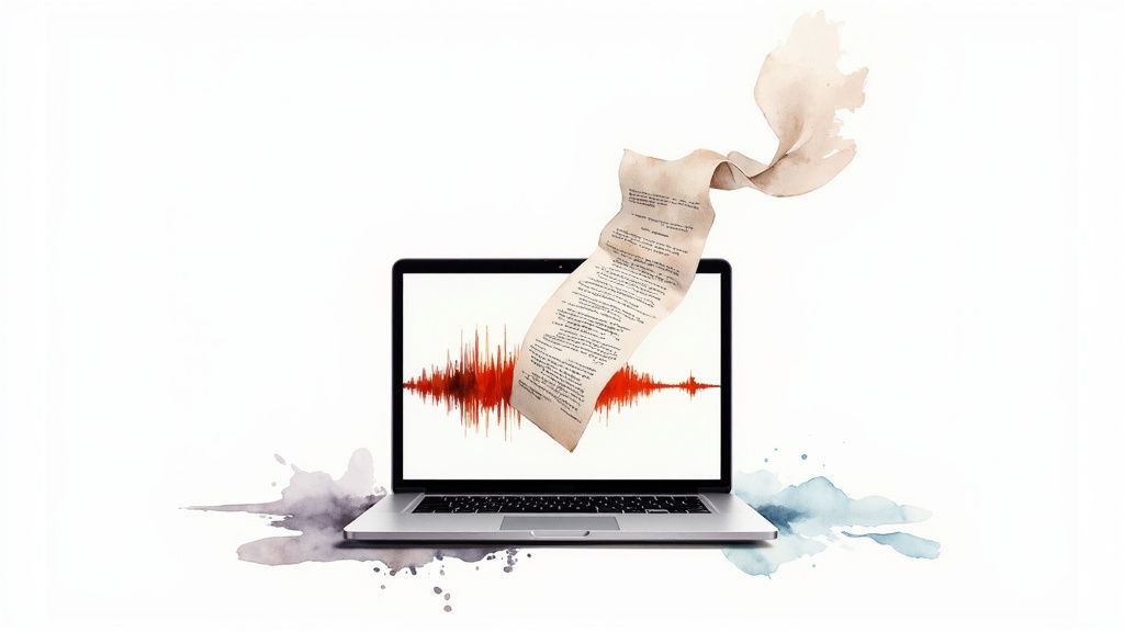 A person dragging an audio file onto a computer screen for transcription