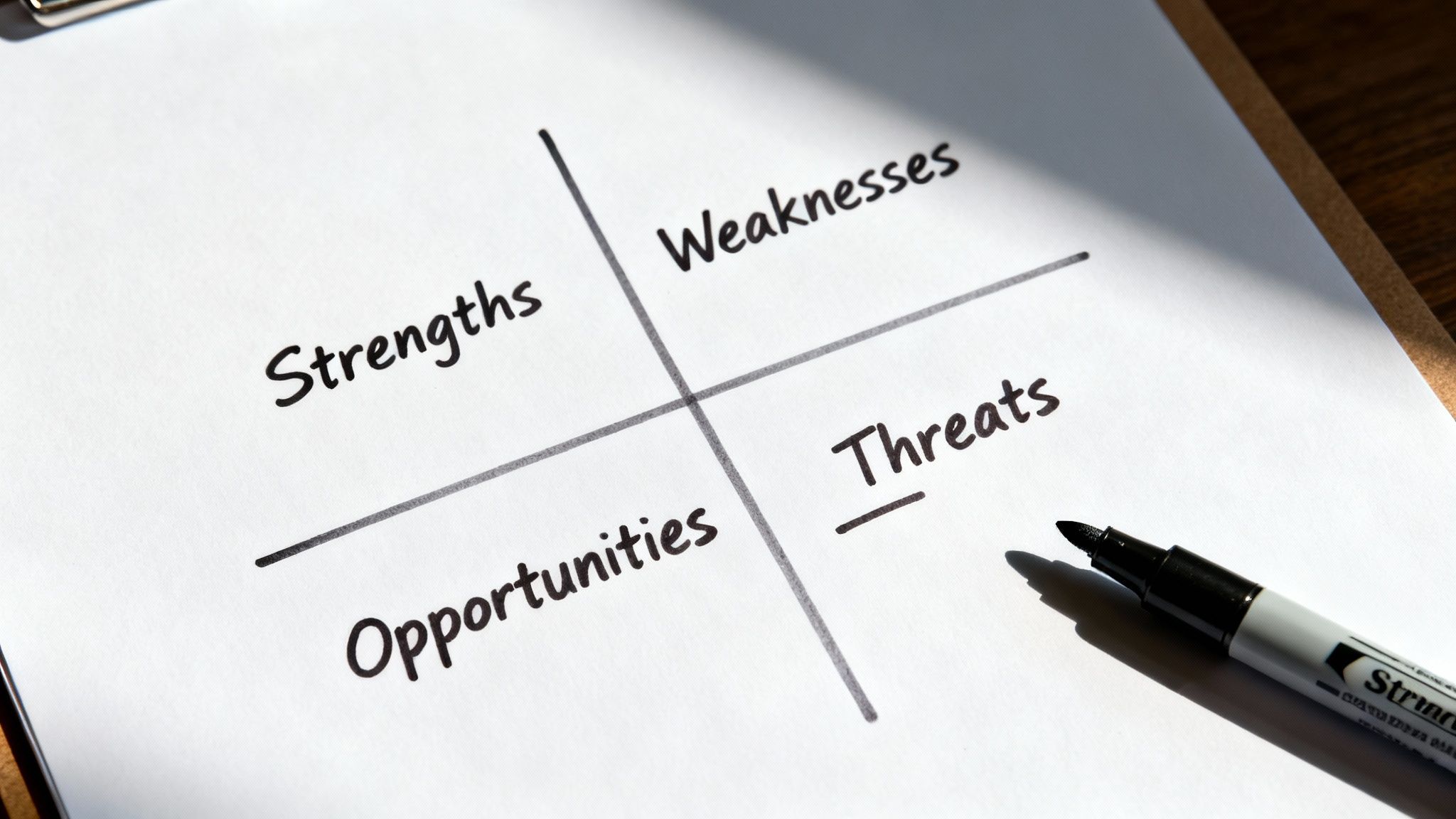 A team collaborating on a SWOT analysis on a glass wall with sticky notes.