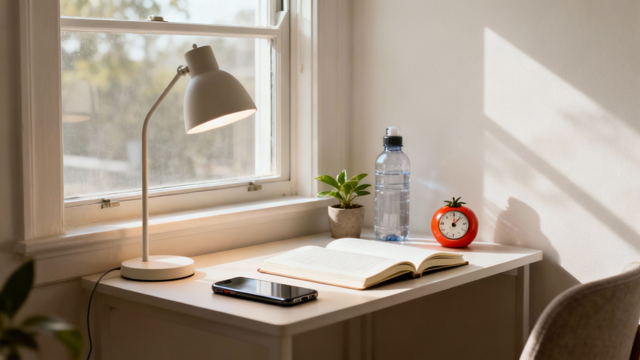 A focused student studying at a clean, organized desk.