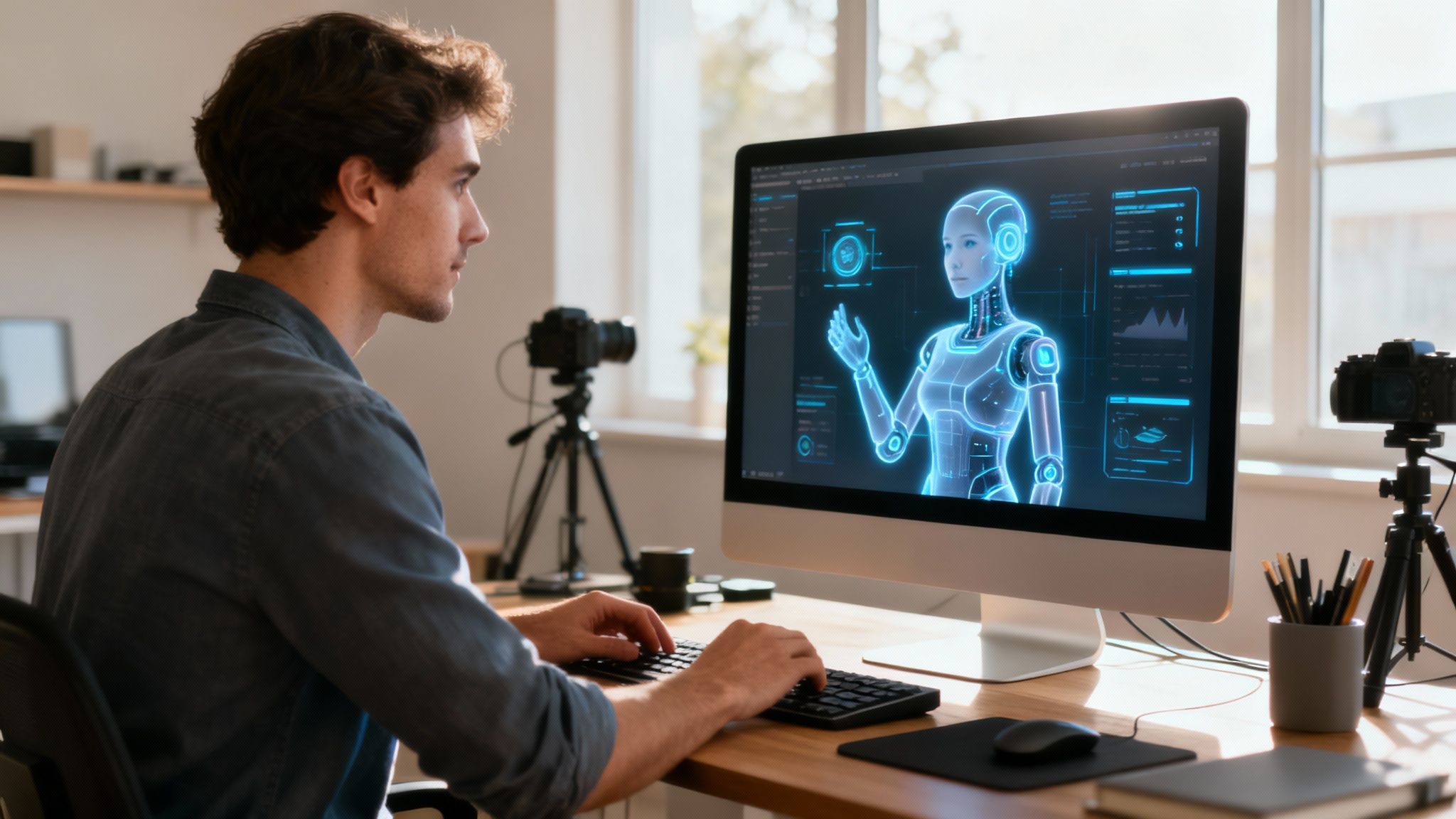 A person and a robot collaborating at a desk, illustrating AI as a creative partner.