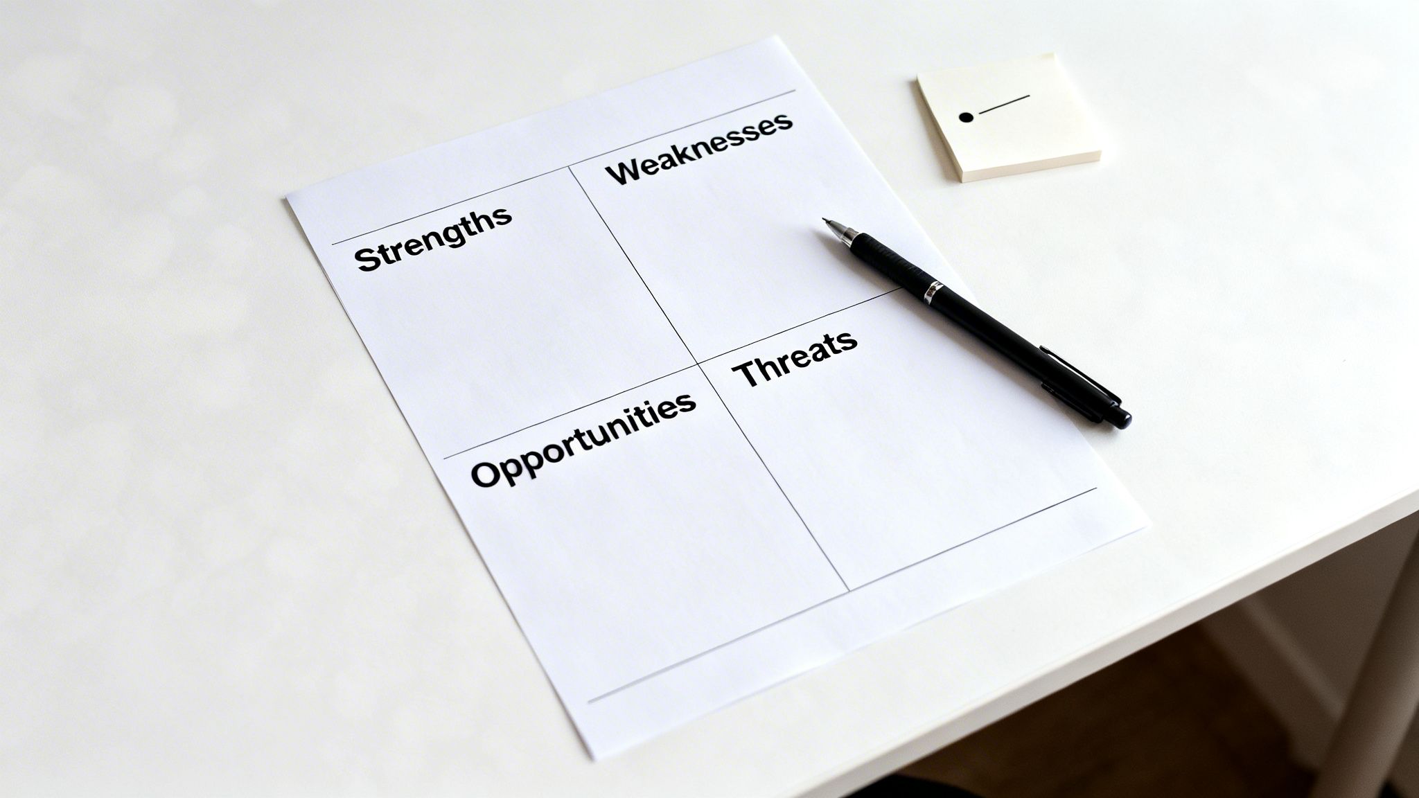 A strategic planning SWOT analysis chart on a white paper with a pen and sticky note.
