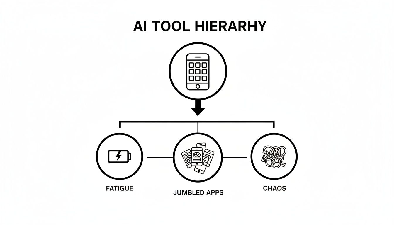 A diagram titled 'AI Tool Hierarchy' showing a smartphone icon leading to three problems: fatigue, jumbled apps, and chaos.