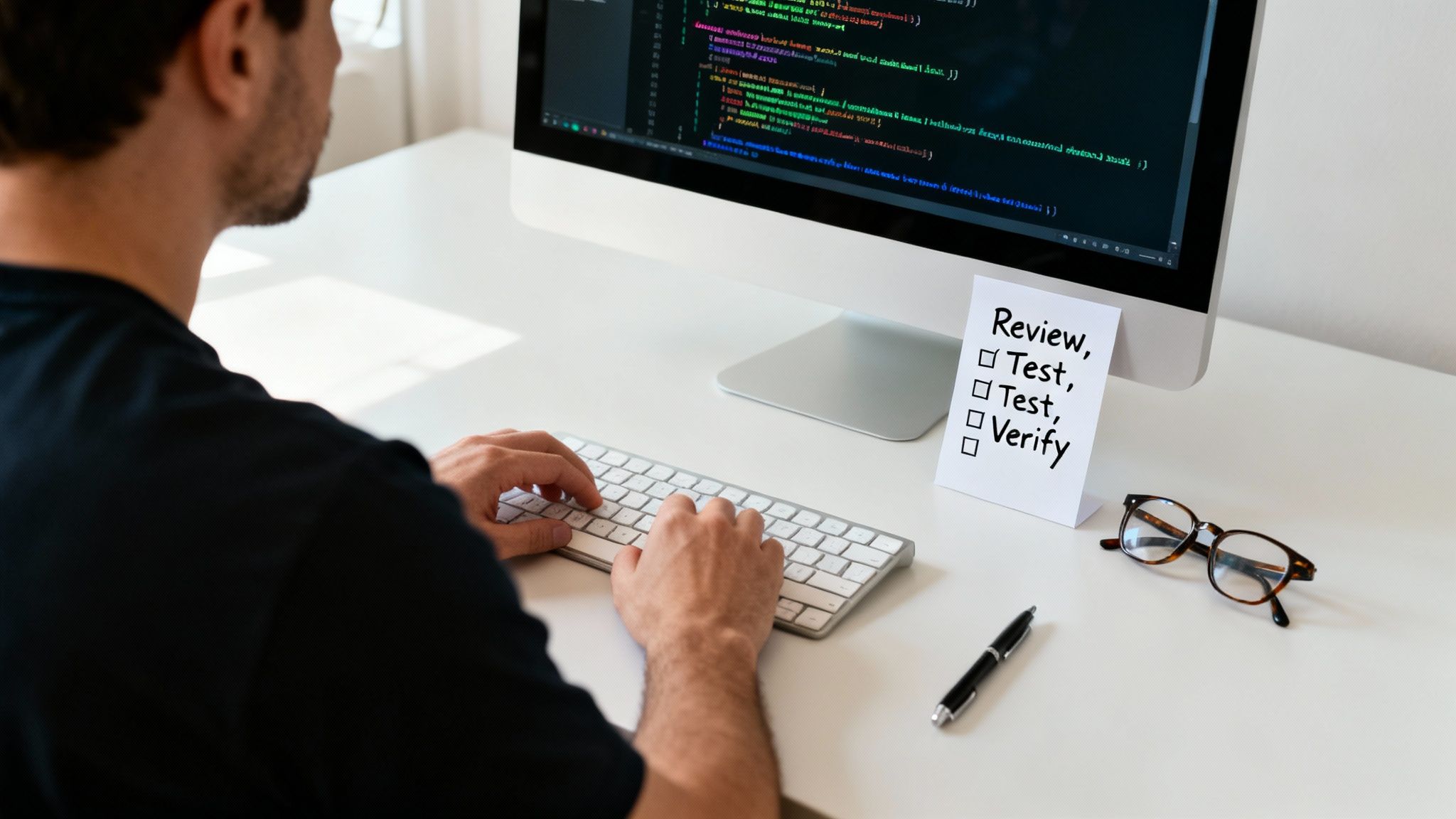 Developer typing on a keyboard, coding on a computer with a 'Review, Test, Verify' checklist on the desk.