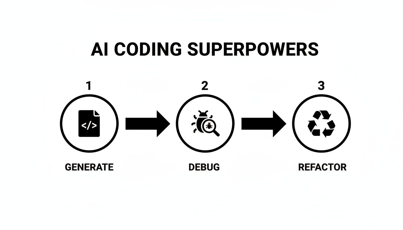 Flowchart illustrating AI coding superpowers: generate, debug, and refactor code, with respective icons.