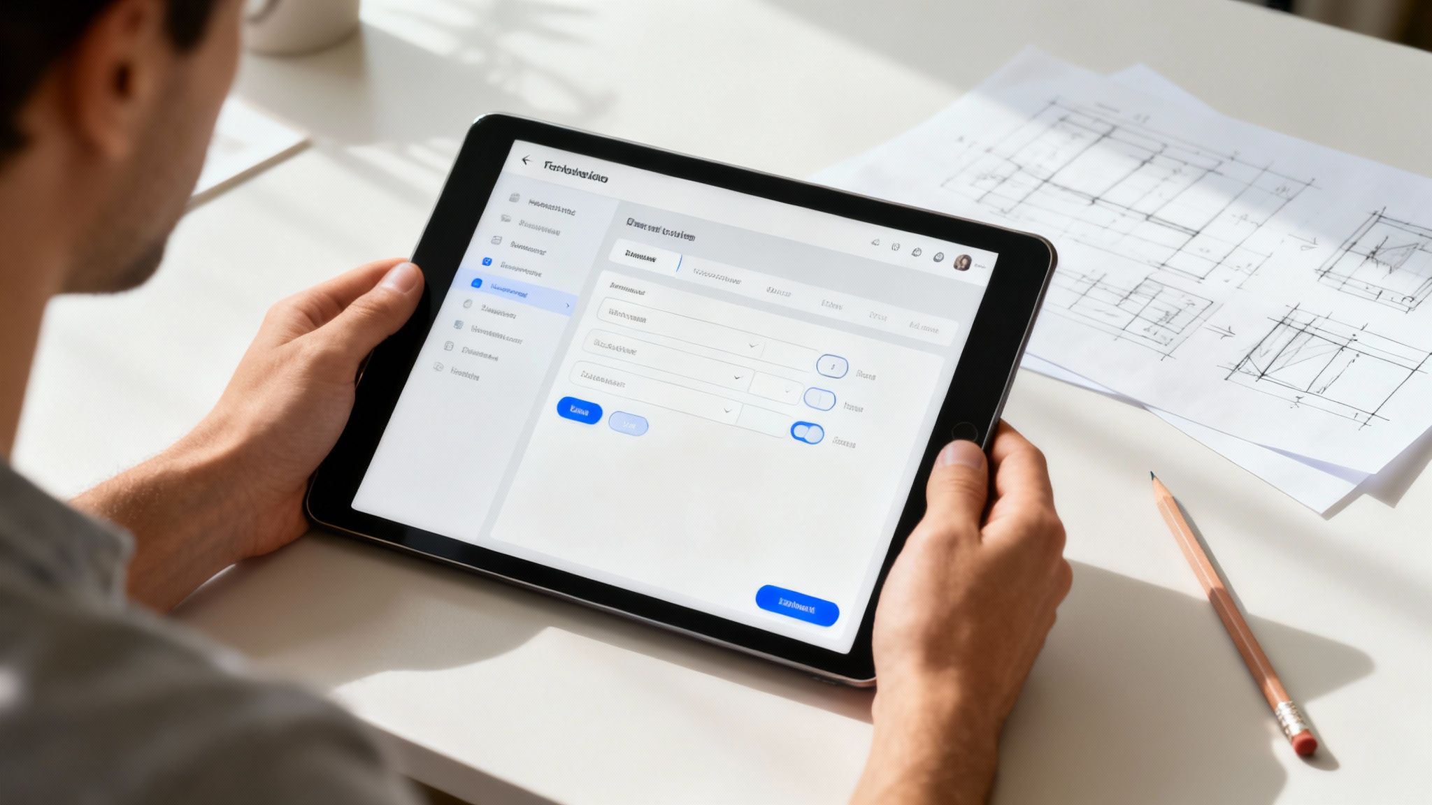 A person showing a tablet prototype to another person and gathering feedback in an office setting.