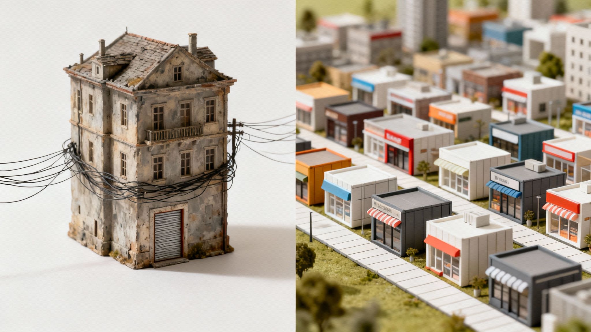 An abstract visual representation of a complex, interconnected system, symbolizing the transition from a monolithic structure to a more organized microservices architecture.