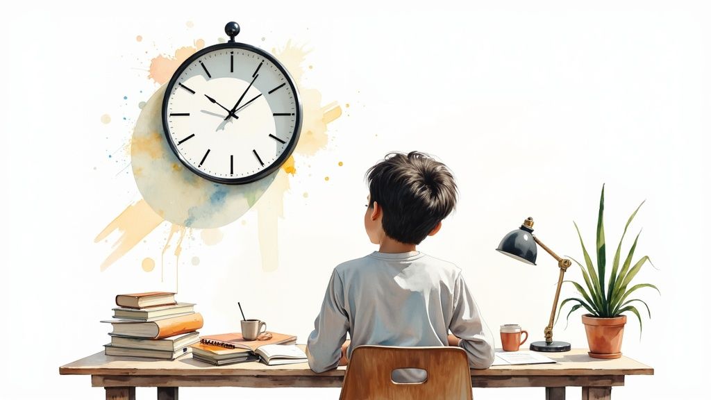 A person sitting at a clean desk with a laptop, notebook, and coffee, looking focused and ready to study.