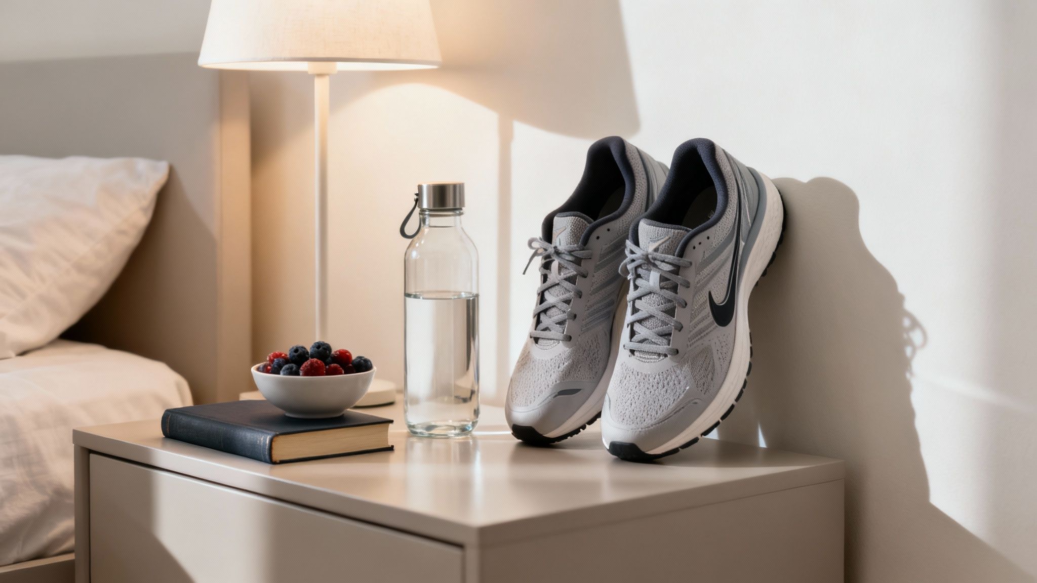 A bedside table with running shoes, a a water bottle, a bowl of berries, and a book.