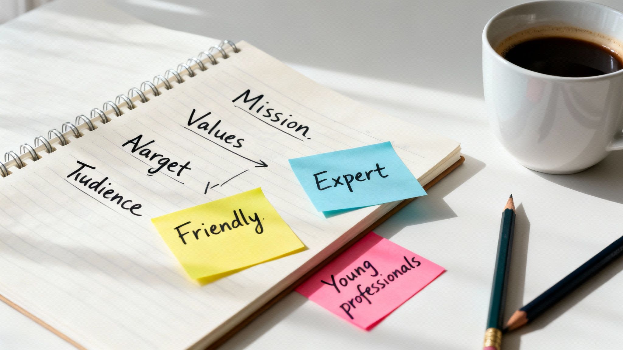 A spiral notebook with sticky notes outlining brand guidelines: Mission, Values, Target, Audience, Expert, Friendly, and Young professionals.