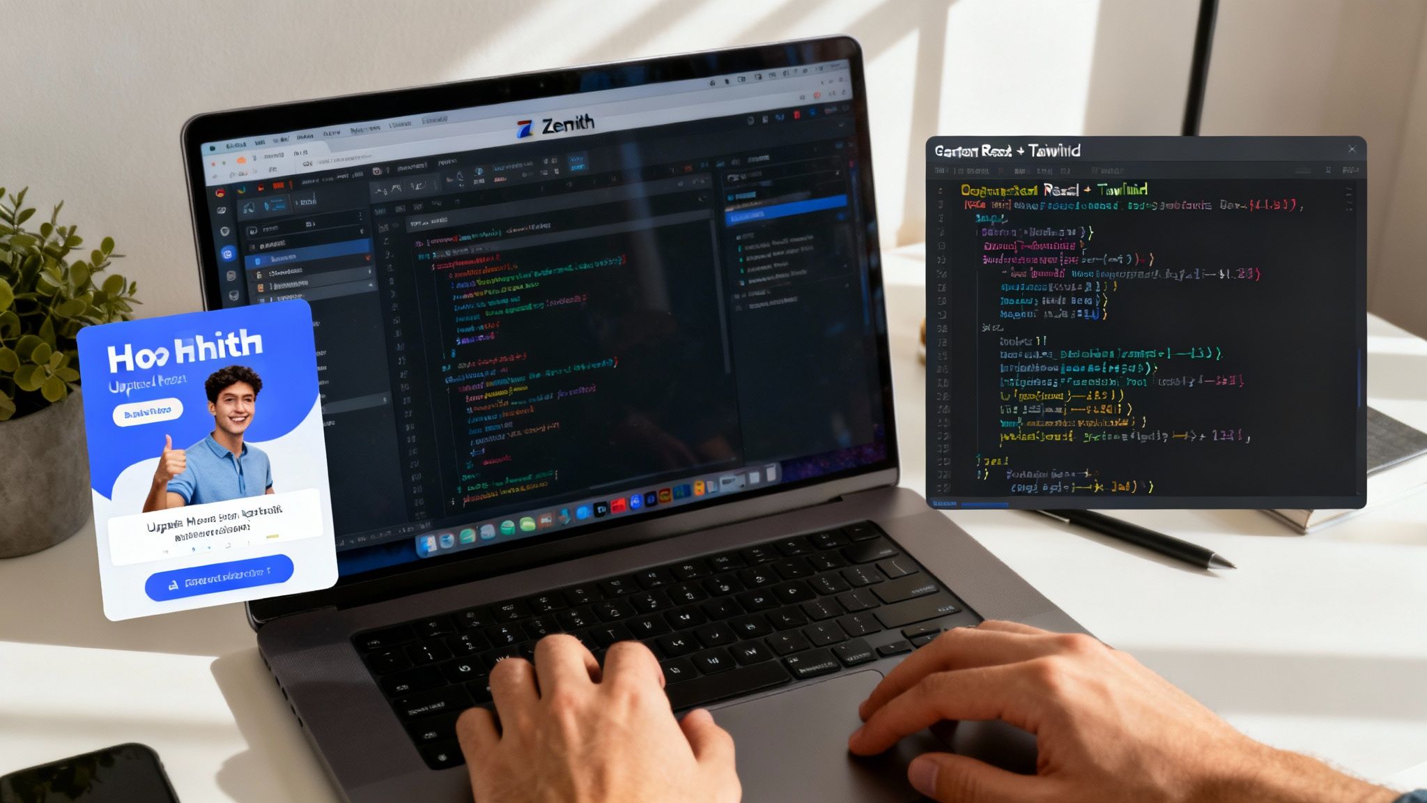 A developer's hands on a keyboard, with lines of code reflected in their glasses, showing focus and expertise.