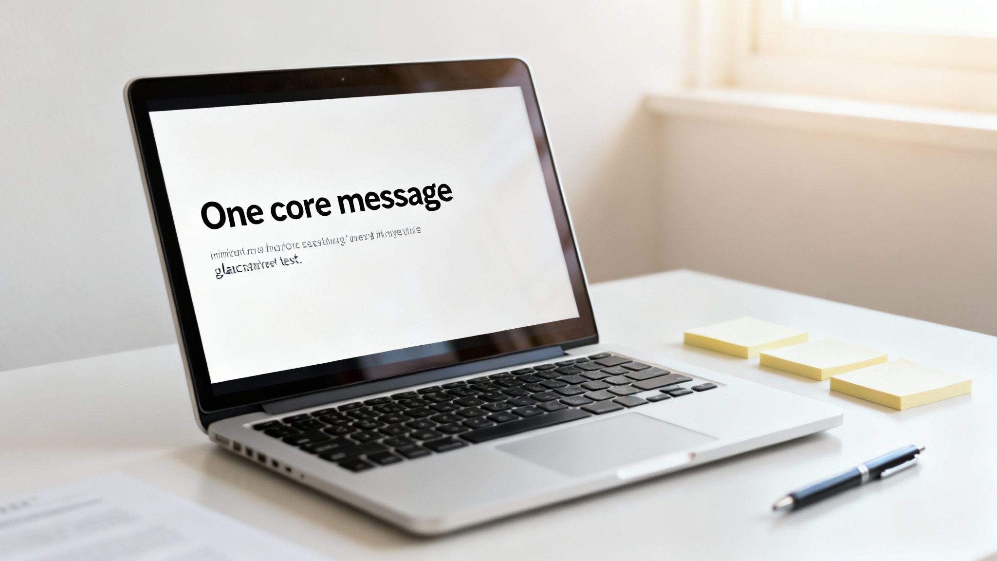 A silver laptop displaying 'One core message' on a white desk with yellow sticky notes and a pen.