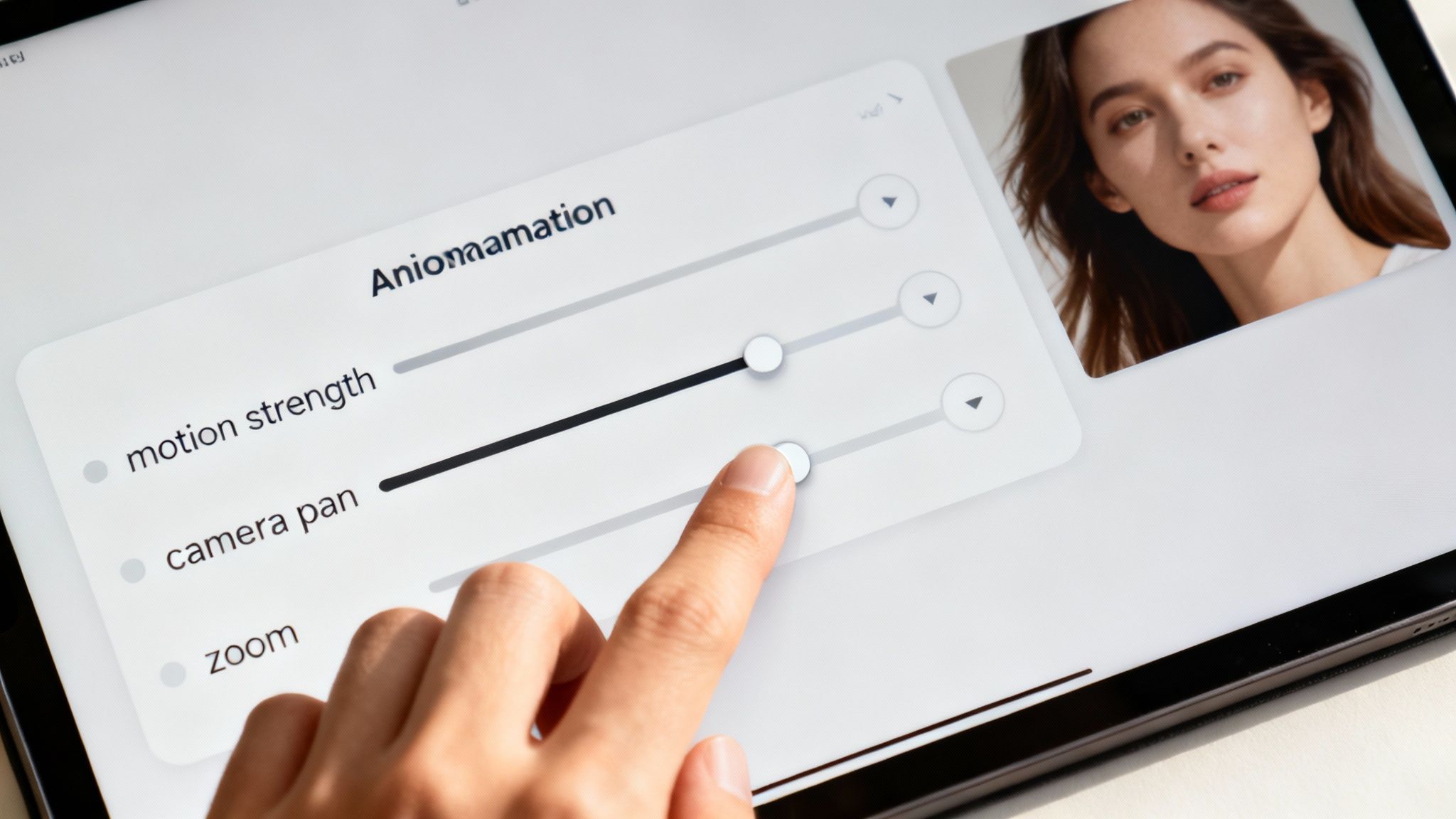 A finger adjusts animation settings for motion, pan, and zoom on a digital tablet screen.