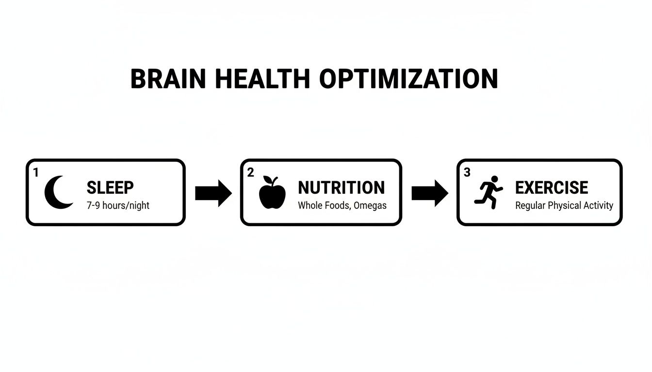 Infographic illustrating brain health optimization through sleep, nutrition, and exercise for cognitive well-being.