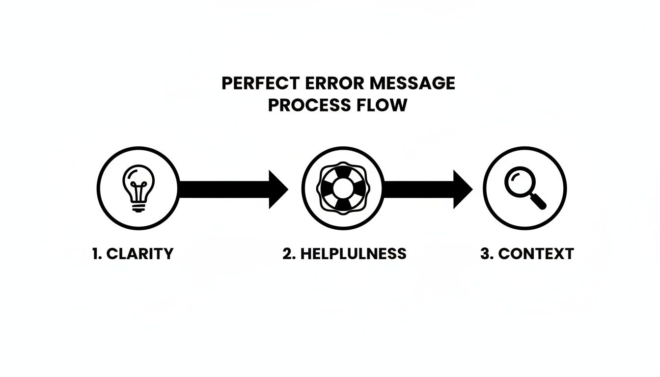 A process flow diagram outlining three steps for a perfect error message: clarity, helpfulness, and context.